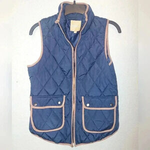 Takara Diamond Quilted Puffer Vest Navy Blue & Brown Faux Suede Size Medium
